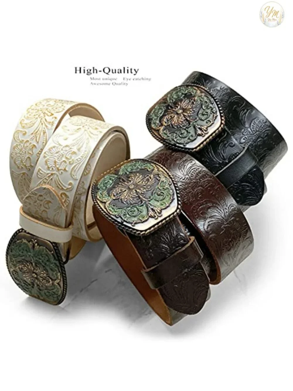 Western Floral Engraved Buckle Full Grain Genuine Leather Belt 1.5
